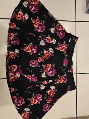 Divided Black Floral Skater Skirt with Pink, Purple & Orange Roses